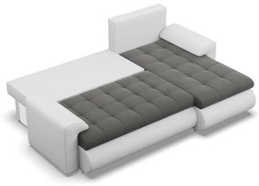 Tokio sarokkanapé, 2 ágyneműtartóval, bársony + műbőr, jobboldali, szürke - fehér