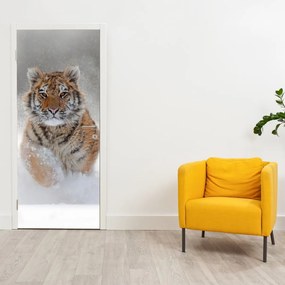 Fotótapéta ajtóra - Futó tigris a hóban (95x205cm)