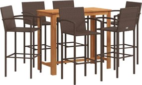 vidaXL 7 részes barna tömör akácfa és polyrattan kerti bárszett
