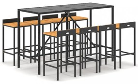 9 részes fekete polyrattan és tömör akácfa kerti bárszett