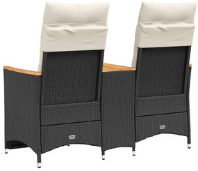2 személyes fekete polyrattan dönthető kerti kanapé asztallal