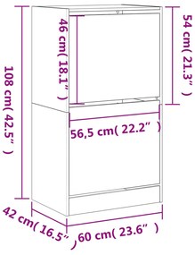barna tölgy cipőszekrény 2 kihajtható fiókkal 60x42x108 cm