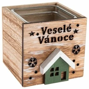 Merry Christmas fa gyertyatartó üveggel, 9 x 8,5 cm, természetes