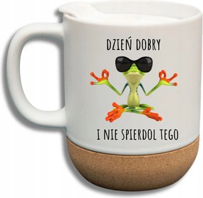 Fehér Bögre Fedéllel És Parafa Aljjal Ajándék Jó Reggelt