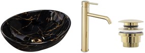 készlet Pultos mosdó Sofia marble black  + Fürdőszobai csaptelep Lungo gold + Dugó gold