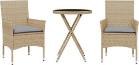 vidaXL 3 részes bézs polyrattan/üveg bisztrógarnitúra párnával