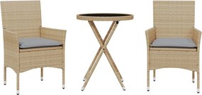 vidaXL 3 részes bézs polyrattan/üveg bisztrógarnitúra párnával