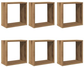 6 db kézműves tölgyszínű szerelt fa fali kockapolc 30x15x30 cm