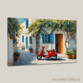 Mediterrán utcakép piros Vespával – napsütötte hangulat otthonra 60x40 cm