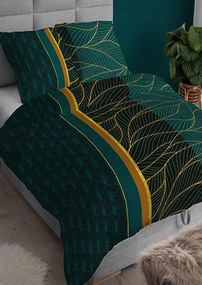 Pamut szatén ágyneműhuzat 140x200 +70x90 Arany levelek sötét türkiz alapon