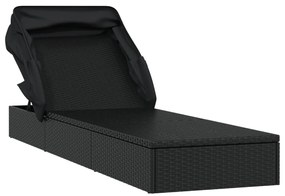Fekete polyrattan napozóágy összecsukható tetővel 213x63x97 cm