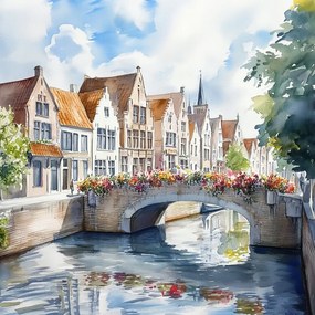 Vászonkép Canvas Város Óváros Belgium Brugge Híd Virágok 40x40
