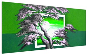 Zöld kép - fa a napkeltekor (120x50 cm)
