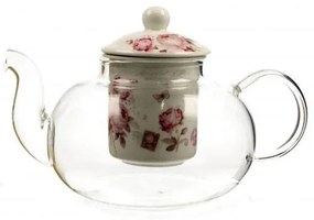Rózsa virágos üveg teáskanna porcelán szűrűvel