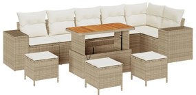 10 részes kerti bútor szett párnákkal bézs poli rattan akáccal, 4 részes kerti étkező szett párnákkal bézs poli rattan akáccal