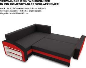 Grande sarokkanapé polcokkal , polc a bal karfaban, baloldali, szövet anyag, bonell töltet, fekete - piros