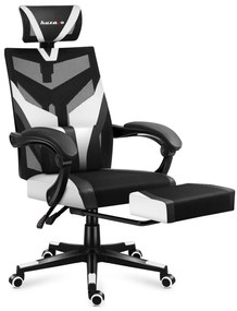 Gamer szék ergonomikus lábtartóval, fekvőtámasz , fekete-fehér.
