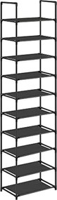 Cipőtartó állvány, 10 szintes, keskeny cipőtároló, 28x45x173 cm,  fekete