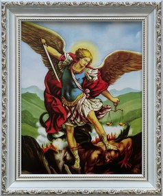 Vászonkép 31x26 Szent Mihály Arkangyal Fehér Díszített Keret