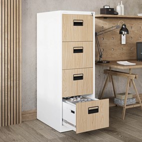 Fém irattartó szekrény, 4 fiókos SARA V4, 460 x 1320 x 620 mm, Eco Design: fehér/ sonoma tölgy