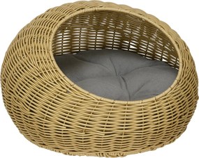 PawHut Rattan Macska Kosár Macska Ház Macska Kunyhó Párnával 4 kg-ig, Macska Ágy Macska Barlang, Belső Tér, PE Rattan, Ø50 x 31 cm, Világos Barna | Ao