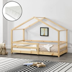 [en.casa] Házikó ágy Knätten matraccal 90x200 cm natúr fenyőfa
