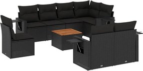 vidaXL 9 részes fekete polyrattan kerti ülőgarnitúra párnákkal