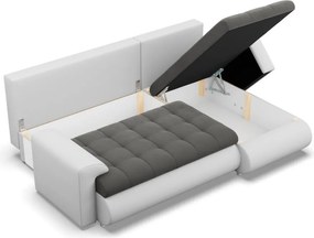 Tokio sarokkanapé, 2 ágyneműtartóval, bársony + műbőr, jobboldali, szürke - fehér