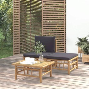 3 részes bambusz kerti ülőgarnitúra sötétszürke párnákkal