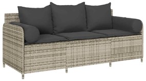3 személyes világosszürke polyrattan kerti kanapé párnával
