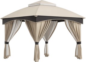 Outsunny 3x3m Acél Kertipavilon Két Rétegű Tetővel, Hálókkal és Függönyeivel, Bézs és Kávé | Aosom