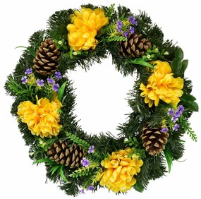 Halászcsésze koszorú sárga krizantémokkaldíszítve, 35 cm