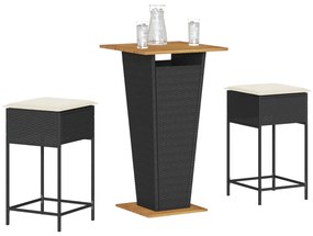 3 részes fekete polyrattan kerti bárszett párnával
