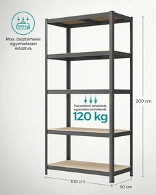 5 szintes fém tároló polc, teherbírás 600 kg, 50 x 100 x 200 cm, szürke
