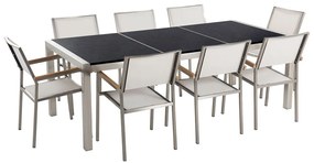Nyolcszemélyes fekete osztott asztallapú étkezőasztal fehér textilén székekkel GROSSETO Beliani