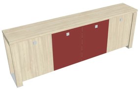 Verno+ S alacsony szekrény 260 x 46 x 90 cm, kombinált ajtó, akác / piros