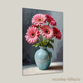 Rózsaszín gerbera csokor vázában – elegáns falikép otthonra 40x60cm