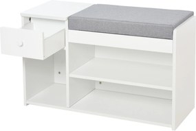 HOMCOM Cipőpad Párnával, Fiókkal és 3 Nyitott Térrel, Fából Készült Előszobai Bútor 81x31,5x49cm, Fehér | Aosom