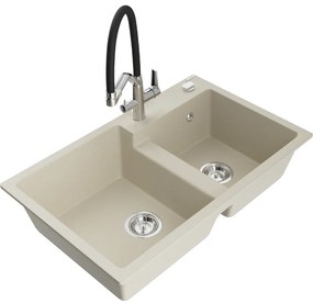 Mexen Tomas gránit mosogató 2-medencés konyhai csapteleppel Duo, bézs - 6516-69-671701-07