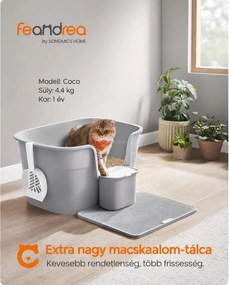 FEANDREA extra nagy macskaalomdoboz magas oldalfallal, alomfogó ráccsal, tárolódobozzal és lapáttal, galambszürke