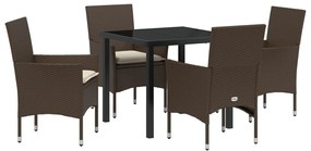 5 Részes Kerti Étkező Szett Párnákkal Barna Poli Rattan, Kerti Asztal Fekete 80x80x73 cm Edzett Üveg