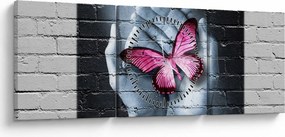 Kép - Rózsaszín pillangó a falon (órával) (90x30 cm)