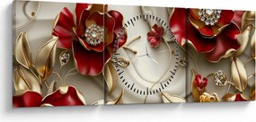 Kép - 3D piros-arany virágok (órával) (90x30 cm)