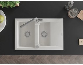 Mexen Gaspar, 1,5 kamrás gránit mosogató 737x475x177 mm és Flora mosogató csaptelep, fehér, 6507-20-670401-06