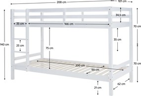 Emeletes ágy, 90x200, tömör fa, fehér, INEZA