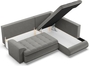 Tokio sarokkanapé, L alakú háttámlával, 2 ágyneműtartóval, bársony, jobboldali, világosszürke