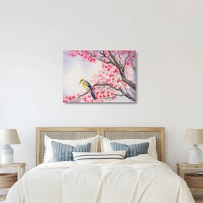 Kép - Madár egy fán, piros virágokkal (üvegen) (70x50 cm)