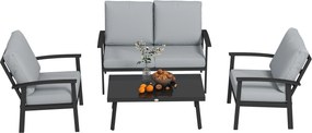 Outsunny 4 darabos Alumínium Kerti Lounge Szett, Kültéri 2 személyes Kanapé, 2 Karosszék és Üveg Kávézóasztal Leválasztható Párnákkal, Sötét Szürke |