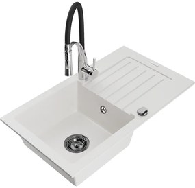 Mexen Pablo, 1 kamrás gránit mosogató 752x436x161 mm és Aster mosogató csaptelep, fehér, 6510-20-73450-07-B