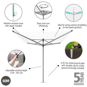 Ezüstszínű kerti ruhaszárító 60 m Lift-O-Matic – Brabantia